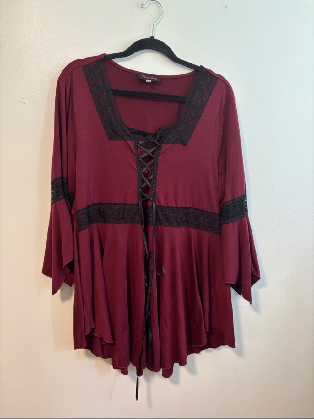 Wine Lace-Up Tunic with Black Lace Trim
